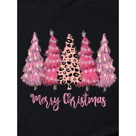 Christmas Tree Print Casual T-Shirt, Round Neck Short Sleeves Mid-Stretch Sports Tee, Women's Activewear