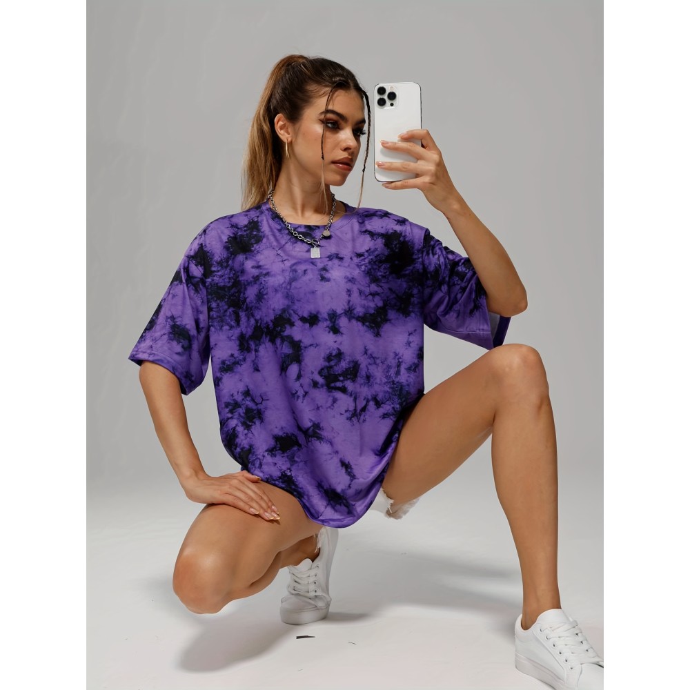 Tie Dye Loose Sports T-shirt - Women's Fashion Crew Neck Short Sleeve Top