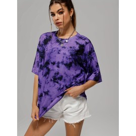 Tie Dye Loose Sports T-shirt - Women's Fashion Crew Neck Short Sleeve Top