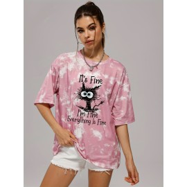 Tie Dye Funny Cat Pattern Casual Sports T-shirts, Round Neck Short Sleeves, Women's Clothing