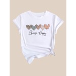 Heart & Letter Print Casual T-Shirt, Round Neck Short Sleeves Mid-Stretch Sports Tee, Women's Activewear