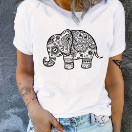 Elephant Graphic Casual Sports T-shirt, Short Sleeves Comfortable Workout Top, Women's Activewear