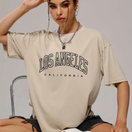 Solid Color Letter Print Casual Sports T Shirt, Soft Crew Neck Short Sleeve Tee, Women's Clothing