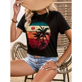 Coconut Tree And Sun Graphic Round Neck Sports T-shirt, Comfortable Soft Short Sleeves Causal Workout Tops, Women's Activewear
