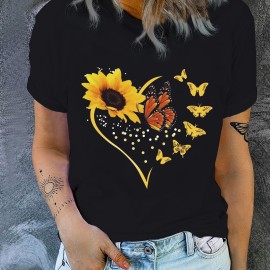 Sunflower & Butterfly Print Casual T-Shirt, Round Neck Short Sleeves Mid-Stretch Sports Tee, Women's Activewear