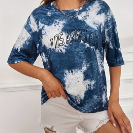 Tie Dye & Letter Graphic Tee - Casual Loose Crew Neck T-shirt for Women