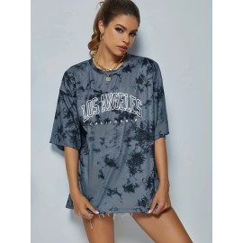 Tie Dye & Letter Graphic Tee - Casual Loose Crew Neck T-shirt for Women