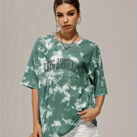 Tie Dye & Letter Graphic Tee - Casual Loose Crew Neck T-shirt for Women