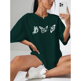 Butterfly Print Casual T-Shirt for Women - Short Sleeve Round Neck Sports Tee with Slight Stretch