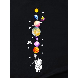 Spaceman Universe Print Causal Sports T-shirt, Short Sleeves Crew Neck Fashion Workout Tops, Women's Activewear