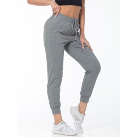 Solid Color Casual Pants, High Stretch Running Jogging Pants With Pocket, Women's Activewear