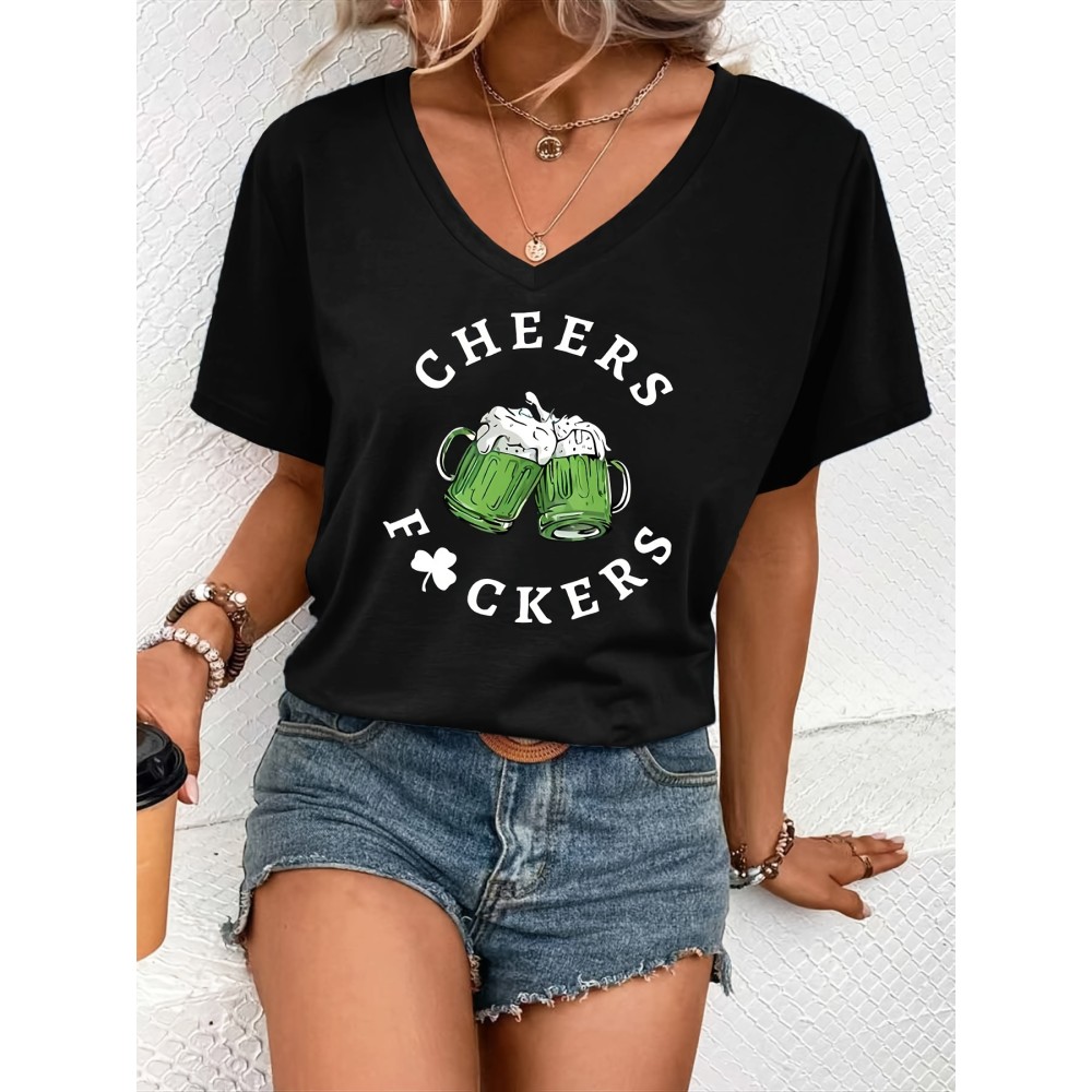 Leaf & Letter Pattern Casual T-Shirt, Round Neck Short Sleeves Stretchy Sports Tee, St. Patrick's Day Women's Clothing