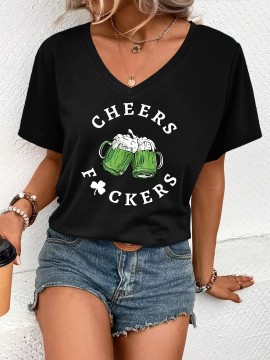 Leaf & Letter Pattern Casual T-Shirt, Round Neck Short Sleeves Stretchy Sports Tee, St. Patrick's Day Women's Clothing