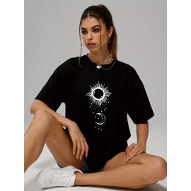 Women's Sun & Moon Print Casual Short Sleeve T-shirt - Fashionable O-neck Summer Top with Slight Stretch