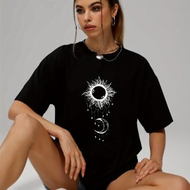 Women's Sun & Moon Print Casual Short Sleeve T-shirt - Fashionable O-neck Summer Top with Slight Stretch