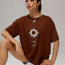 Women's Sun & Moon Print Casual Short Sleeve T-shirt - Fashionable O-neck Summer Top with Slight Stretch