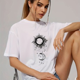 Women's Sun & Moon Print Casual Short Sleeve T-shirt - Fashionable O-neck Summer Top with Slight Stretch