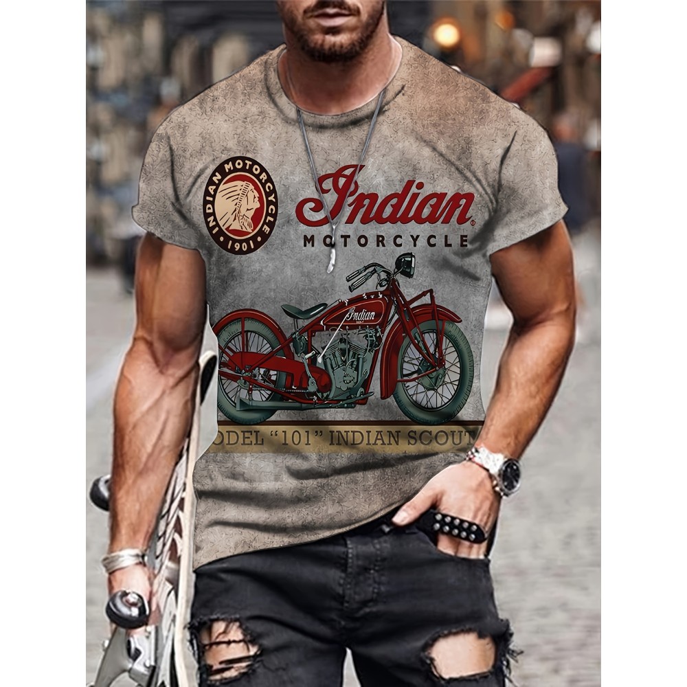 Retro Style Motorcycle Print Men's Graphic T-shirt - Casual and Comfy Summer Tee