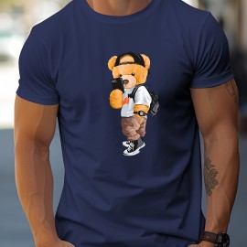 Men's Casual Street Style Stretch Round Neck Tee Shirt with Toy Bear Print for Summer