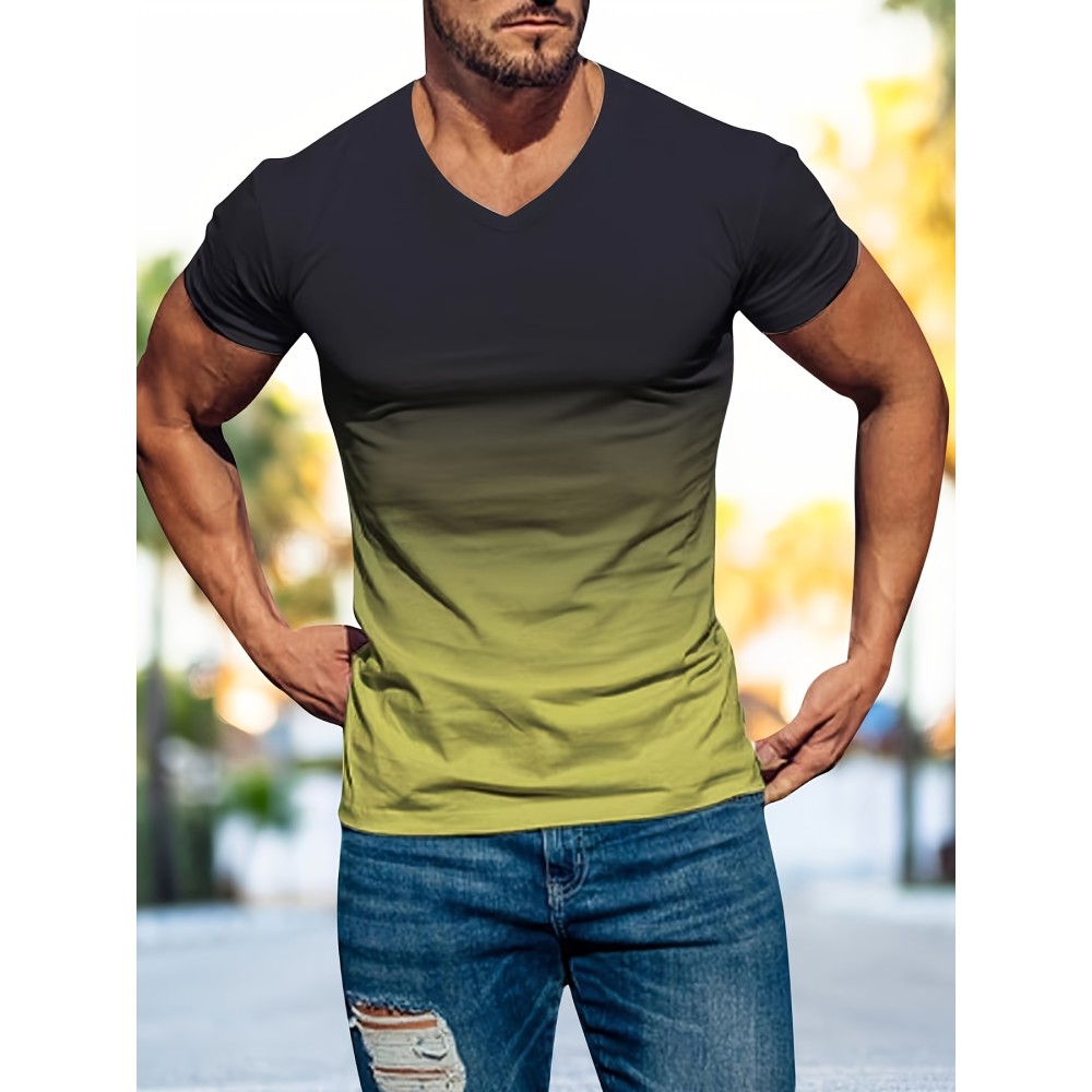 Men's Gradient V-Neck Short Sleeve Sports T-Shirt - Lightweight Summer Tee for Outdoor Activities - Perfect Gift for Active Men