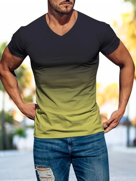 Men's Gradient V-Neck Short Sleeve Sports T-Shirt - Lightweight Summer Tee for Outdoor Activities - Perfect Gift for Active Men