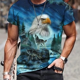 Men's Novelty Wolf & Bird 3d Print Round Neck T-Shirt, Mens Clothing