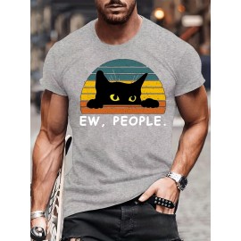 Men's Casual Trendy Black Cat Print T-shirt, Short Sleeve Crew Neck Hip Hop Style Tees For Summer Holiday Gift