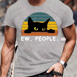 Men's Casual Trendy Black Cat Print T-shirt, Short Sleeve Crew Neck Hip Hop Style Tees For Summer Holiday Gift