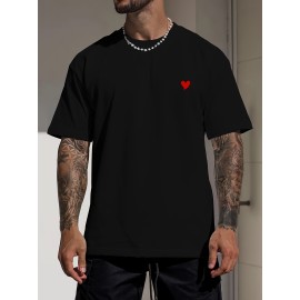 Trendy Cute Heart Print Tees For Men, Casual Crew Neck Short Sleeve T-Shirt, Comfortable Breathable T-shirt For Summer