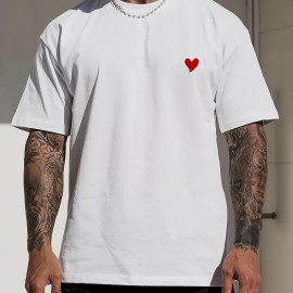 Trendy Cute Heart Print Tees For Men, Casual Crew Neck Short Sleeve T-Shirt, Comfortable Breathable T-shirt For Summer