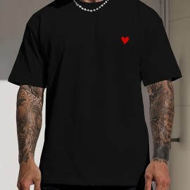 Trendy Cute Heart Print Tees For Men, Casual Crew Neck Short Sleeve T-Shirt, Comfortable Breathable T-shirt For Summer