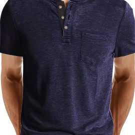 Men's Slim Fit Short Sleeve Henley Tee with Chest Pocket - Casual Button Down T-Shirt