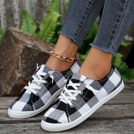 Lightweight Plaid Canvas Sneakers for Women - Comfortable Slip-On Low Tops for Casual Wear