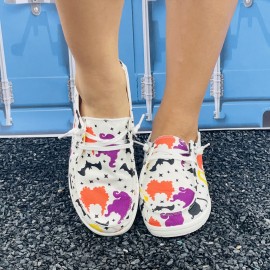 Women's Halloween Print Canvas Slip-On Flat Shoes - Comfortable & Lightweight