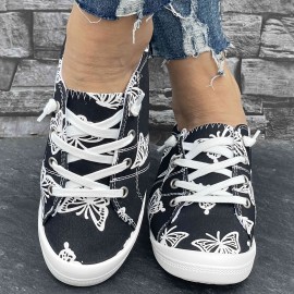 Women's Canvas Sneakers, Fashion Casual Low-Top Shoes, Butterfly Print Comfortable Flat Sports Footwear