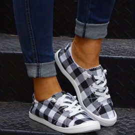Lightweight Plaid Canvas Sneakers for Women - Casual Lace Up Low Tops with Comfortable Fit