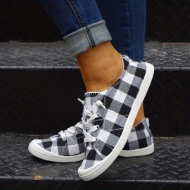 Lightweight Plaid Canvas Sneakers for Women - Casual Lace Up Low Tops with Comfortable Fit