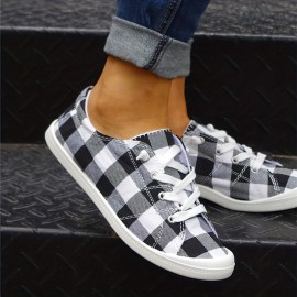 Lightweight Plaid Canvas Sneakers for Women - Casual Lace Up Low Tops with Comfortable Fit