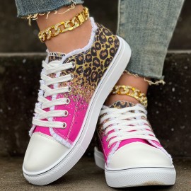 Women's Leopard Print Canvas Shoes - Casual Glitter Sequins Lace Up Sneakers