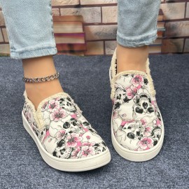 Women's Flower & Skull Print Canvas Shoes, Casual Slip On Outdoor Shoes, Lightweight Low Top Shoes