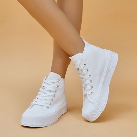 Women's Solid Color Casual Sneakers, Lace Up Platform Soft Sole Minimalist Skate Shoes, High-top Canvas Shoes