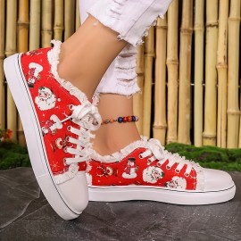 Women's Christmas Print Canvas Shoes, Casual Lace Up Outdoor Shoes, Lightweight Low Top Sneakers