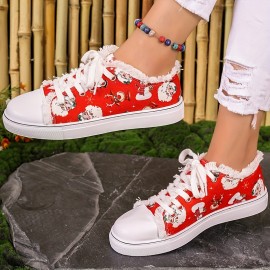 Women's Christmas Print Canvas Shoes, Casual Lace Up Outdoor Shoes, Lightweight Low Top Sneakers