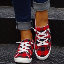 Lightweight Plaid Canvas Sneakers for Women - Casual Lace Up Outdoor Shoes with Low Top Design