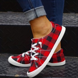 Lightweight Plaid Canvas Sneakers for Women - Casual Lace Up Outdoor Shoes with Low Top Design