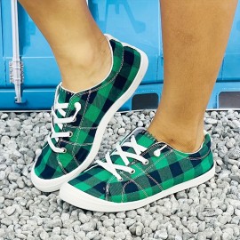 Lightweight Plaid Canvas Sneakers for Women - Casual Lace Up Outdoor Shoes with Low Top Design