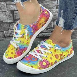 Women's Colorful Star And Flower Print Sneakers, Casual Canvas Slip On Lightweight Walking Shoes, Versatile Footwear With Campus Style