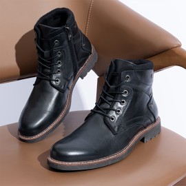 Men's Retro Solid High Top Derby Boots With Top Leather Uppers, Wear-resistant Non Slip Lace-up Dress Boots For Business Occasions, Men's Office Daily Footwear