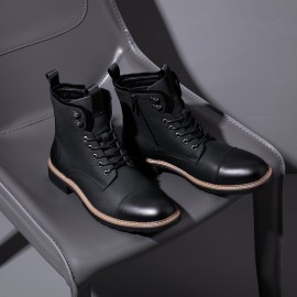 Men's Solid Cap Toe Dress Boots With PU Leather Uppers, Wear-resistant Non Slip Lace-up High Top Boots For Men's Outdoor Activities