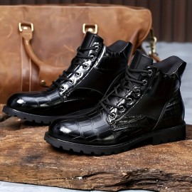 Men's Vintage Grid Pattern PU Leather Work Boots, Breathable Anti-skid Lace-up Ankle Boots For Outdoor